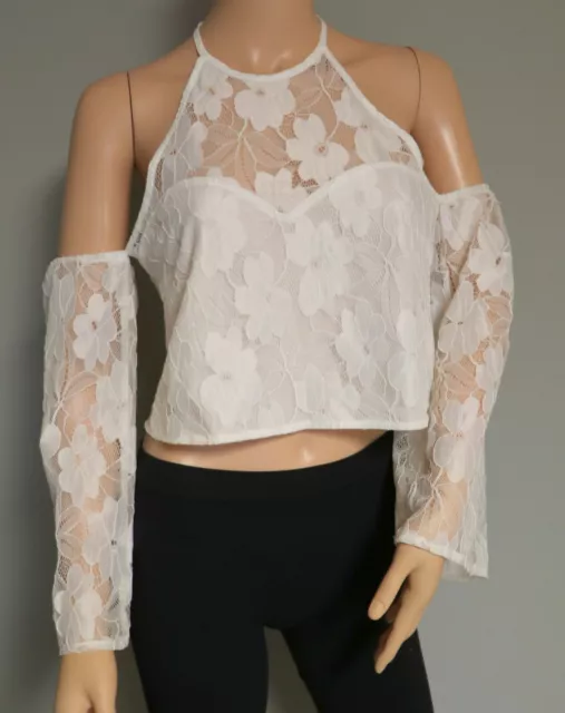 Lucca Women's Size S Ivory Off White Lace Top Blouse Waist Length Cold Shoulder