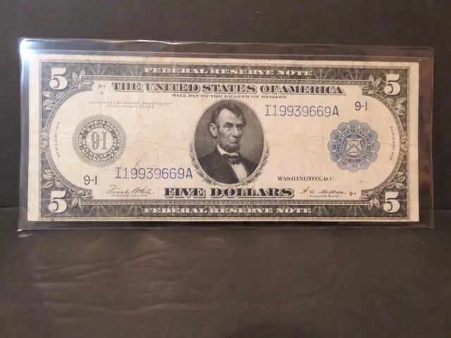 1914 $5 Five Dollars Blue Seal Large Size Federal Reserve Note Minneapolis Minn.