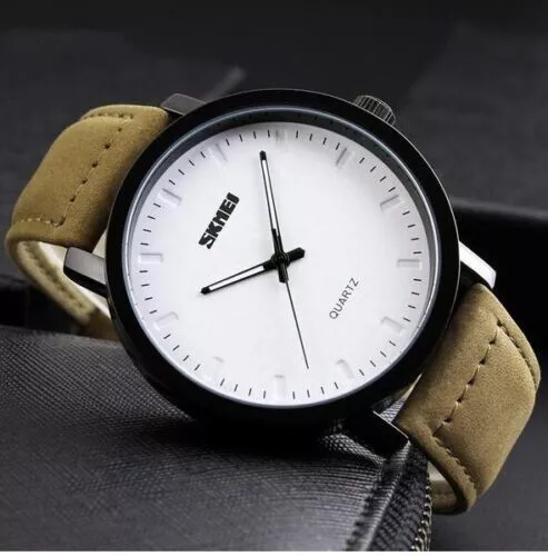 Mens Watch Quartz Analog Large Stylish SKMEI Leather Black Steel gift