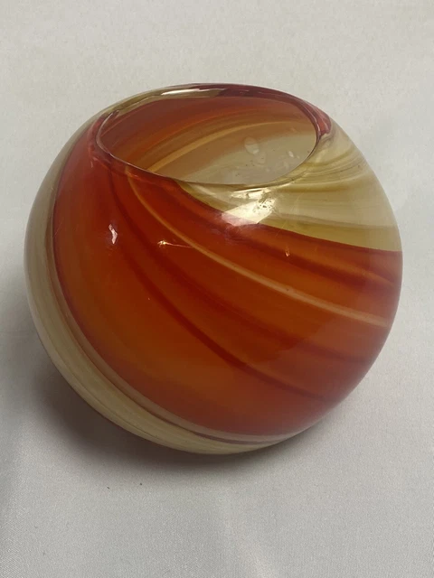 MURANO Art Glass Vase Round BALL Vase Orange Yellow Red Swirl 5.5" tall