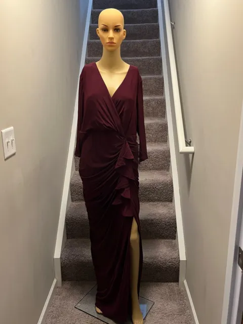 Betsy & Adam Plus Size Ruched Ruffled Gown - Maroon - Size 16