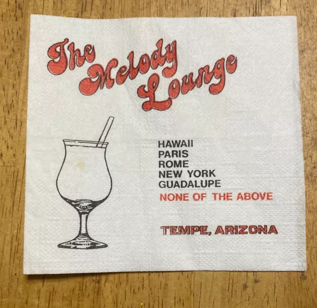 Vintage Melody Lounge Paper Napkin Tempe Arizona Advertising 1980s