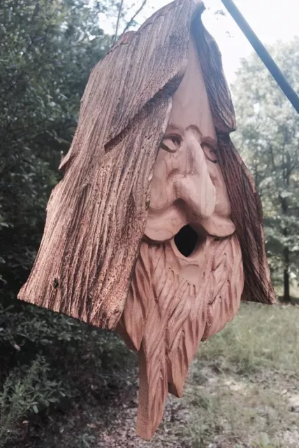 Hand Carved Wood Spirit Old Man Face Cedar Birdhouse Happy With Hair