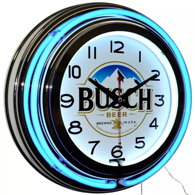 BUSCH Brewed in USA Beer Sign 15" Blue Double Neon Wall Clock Garage Man Cave