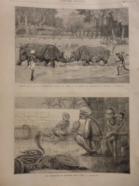 1876 Ui  Inde Combat Rhinoceros Baroda Charmeurs Serpents