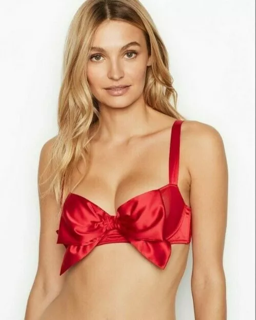 Victorias Secret 38D Red Bow Unlined Balconette Bra Dream Angel Sexy Vs Xmas