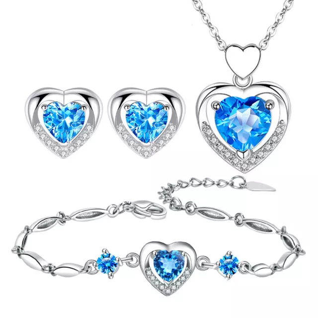 925 Sterling Silver Jewelry Set Blue Crystal Heart Bracelet Necklace Earrings