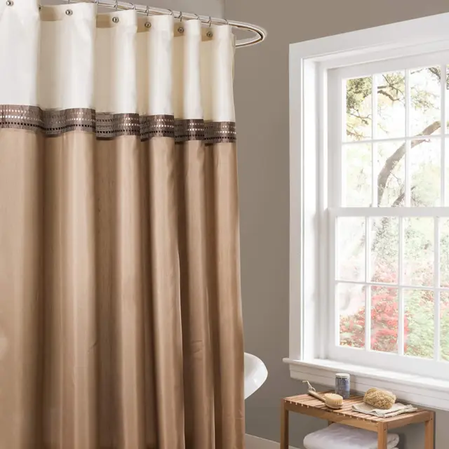 Lush Decor Beige/Ivory Terra Color Block Shower Curtain Fabric Striped Neutral B