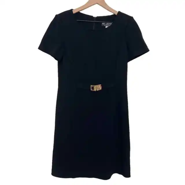St. John Marie Grey Black Knit Buckle Belt Short Sleeve Mid Length Dress Size 2