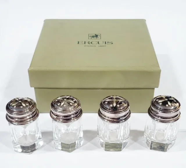 SET 4 FRENCH STERLING SILVER Glass SALT & PEPPER SHAKERS by ERCUIS Paris in BOX