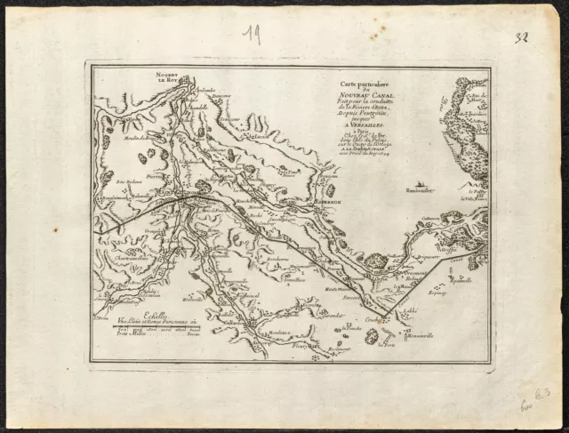 1694 - Plan du Canal de l'Eure - Gravure ancienne - Carte - Nicolas de Fer