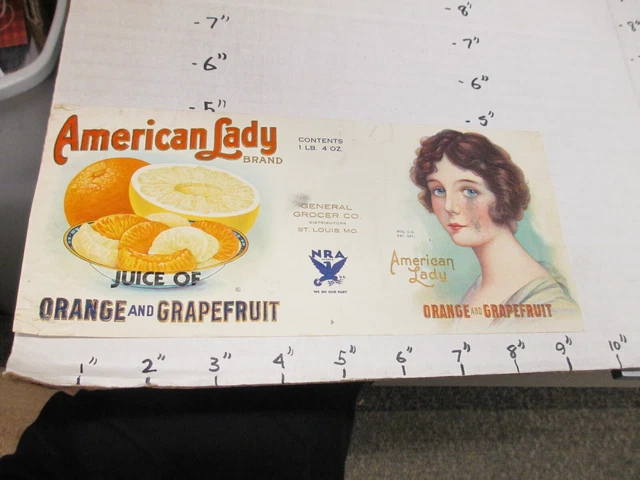 AMERICAN LADY orange grapefruit juice fruit 1930s metal tin can food paper label