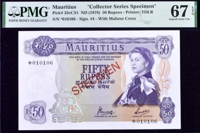 Mauritius 50 Rupees Pick#33CS1 ND (1978) Specimen PMG 67 EPQ S.Gem Unc Banknote