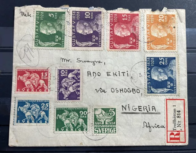 1934 Registered Cover Sweden - Nigeria Mixed Franking with Trollhattan Reg Label