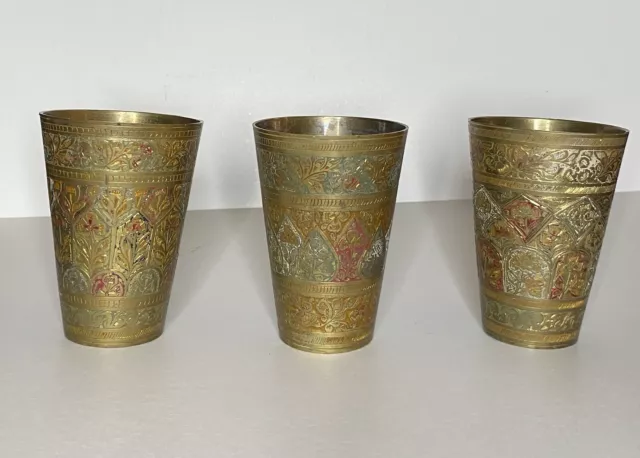 Vintage Solid Brass Cup Set Heavily Etched Ornate Heavy