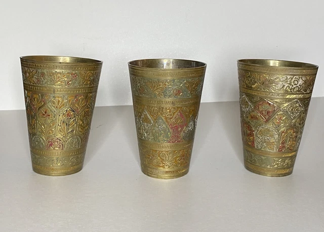 Vintage Solid Brass Cup Set Heavily Etched Ornate Heavy