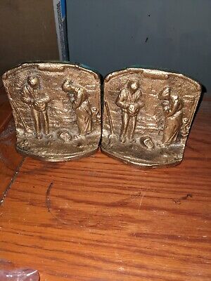 Pair Of Vintage 5" Cast Iron Angelus Praying In The Field Bookends, Used - Vg