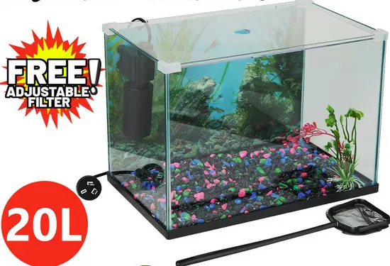20Lt Aquarium Fish Tank Complete Set Includes Tank Filter Pump Pebbles Plant Net