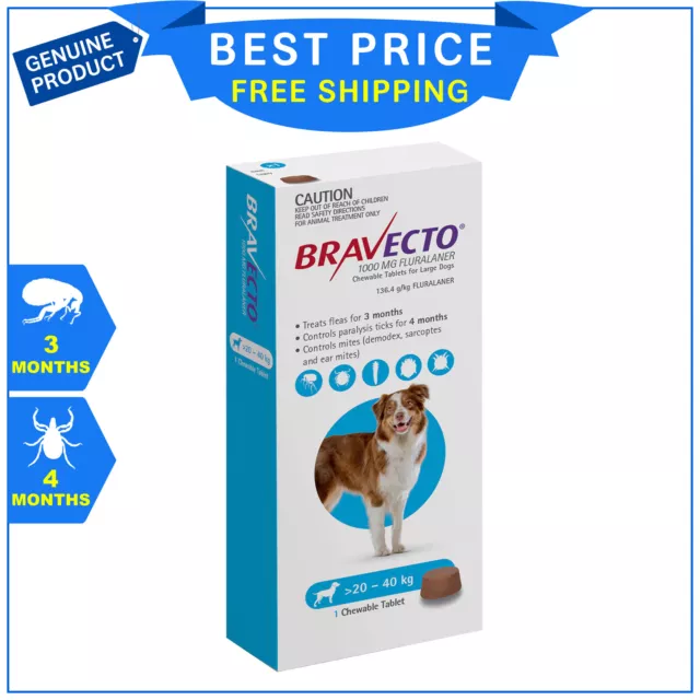 BRAVECTO for Dogs 20 to 40 Kg BLUE Flea Tick treatment for 3 months 1 Chew