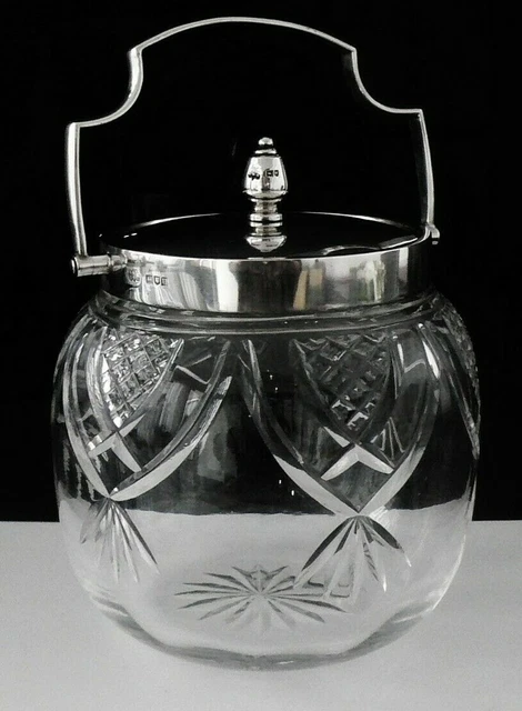 Antique Sterling Silver Cut Glass Biscuit Barrel Cookie Jar, London 1915 Antique Sterling Silver Cut Glass Biscuit Barrel Cookie Jar, London 1915