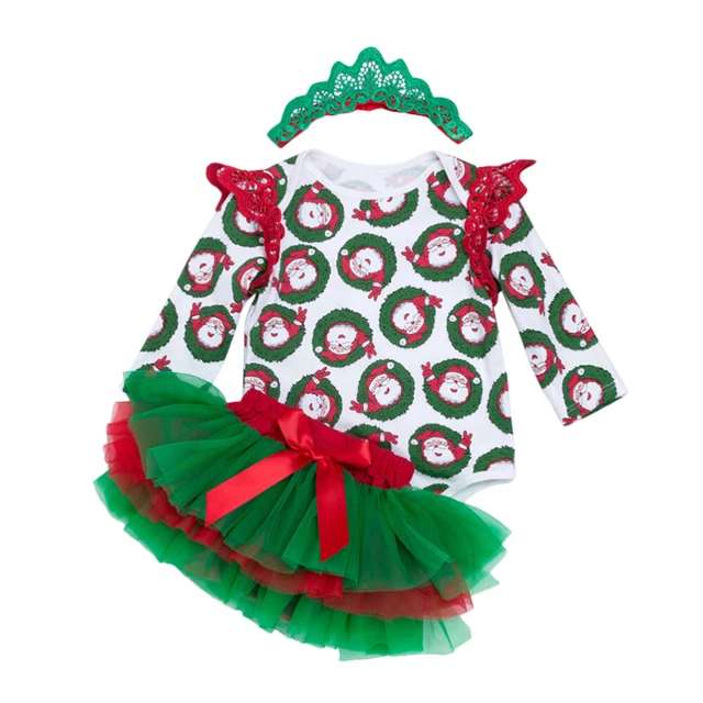 Romper Skirt Set Santa Claus Baby Dress Infant Bodysuit Headband Toddler