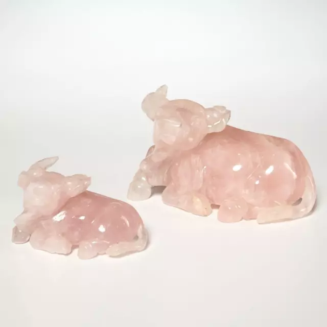 Hand Carved Pink Rose Quartz Bull Figurines Sculptures Possibly Chinese Pair 2