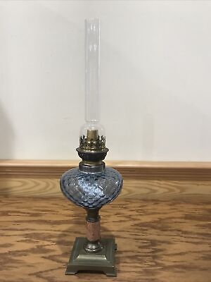 RARE Antique Light Aqua Blue Glass Diamond Quilt Oil Lamp Kosmos Hurricane