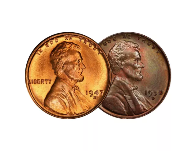 1947 D & 1950 D Lincoln Wheat Cent Choice BU 1c Brilliant Uncirculated - 2 Set