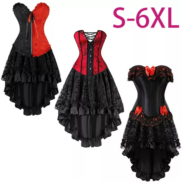 Women's Basque Gothic Boned Lace Corset Steampunk Bustiers Dress Skirt Plus Size