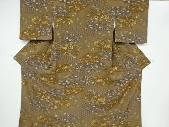 6566635: Japanese Kimono / Vintage Komon Kimono / Chirimen / Kinsai / Wave & Flo