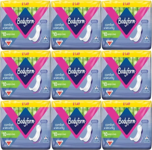 9 X 10 Bodyform Maxi Long Sanitary Pads/Towels Comfort Security Heavy Absorbent