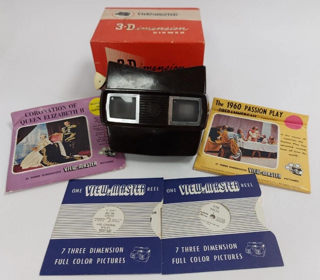 Viewmaster Model E VINTAGE VIEW-MASTER MODEL E 3-Dimension Viewer Brown with Reels Boxed ...