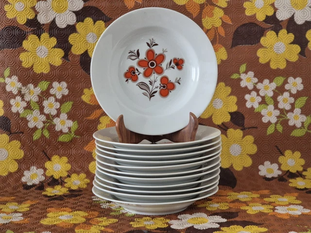 Service De 18 Assiettes Motif Fleur Orange Et Bleu - 6 Assiettes Plates, 6 Creuses, 6 à Dessert - Céramique Et Porcelaine, Lavables Lave-vaisselle