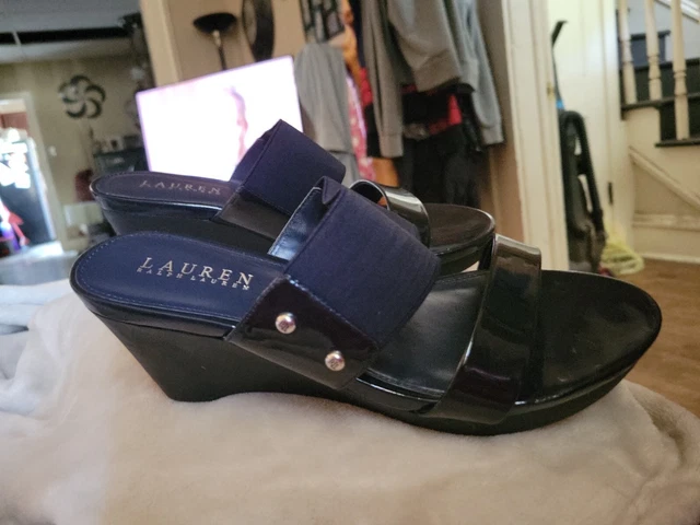 Ralph Lauren Sandals Womens Sz 7 Rhianna Wedge Slide Slip On Navy Blue Leather