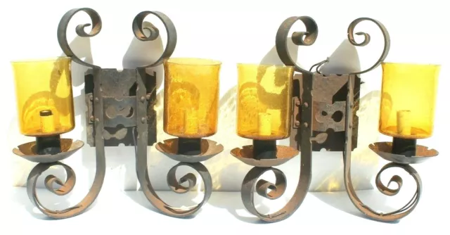 Antique Vtg Pair Spanish Revival Gothic Wall Sconces Wall Lamp Fixture Pair