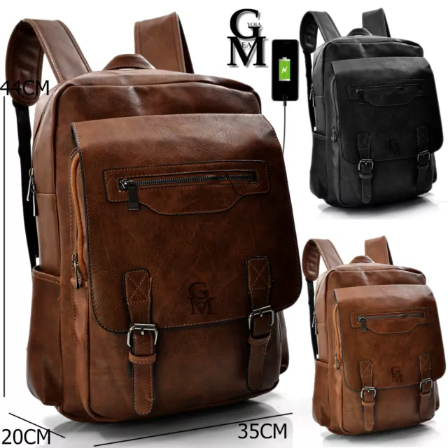 GM Italia Mochila Vintage Hombre Piel Grande Nuevo USB Viaje Marrón Notebook PC