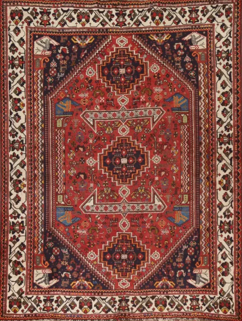Geometric Abadeh 5x7 Tribal Vintage Area Rug Hand-knotted Wool Red/ Ivory Carpet