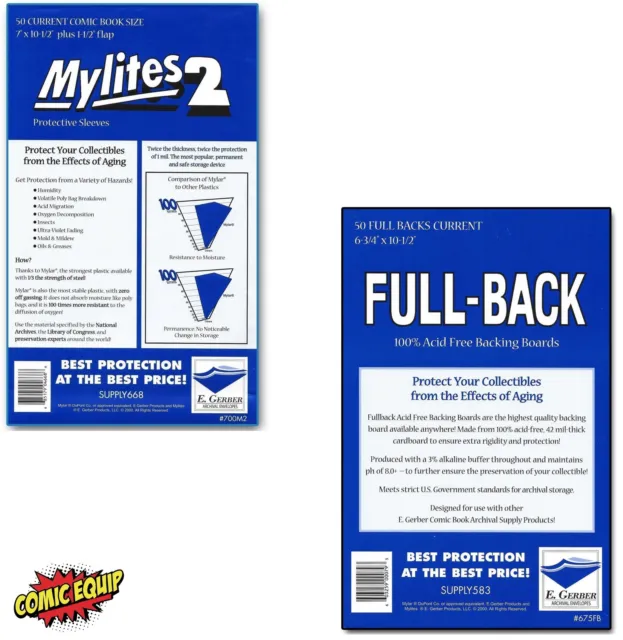 50 Mylites2 CURRENT Mylars Bags & Full Back Comic Boards 700M2/675FB E. Gerber