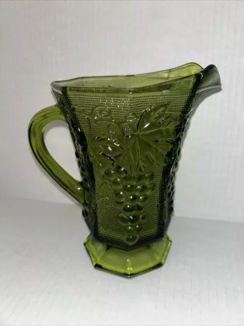 Vintage 1960's Anchor Hocking Green Glass Pitcher Grape And Leaf Design