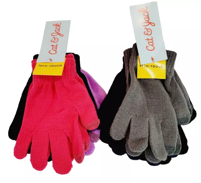 Cat & Jack Tech Touch Kids Knit Gloves 6 Pairs - One Size Stretch Solid Colors