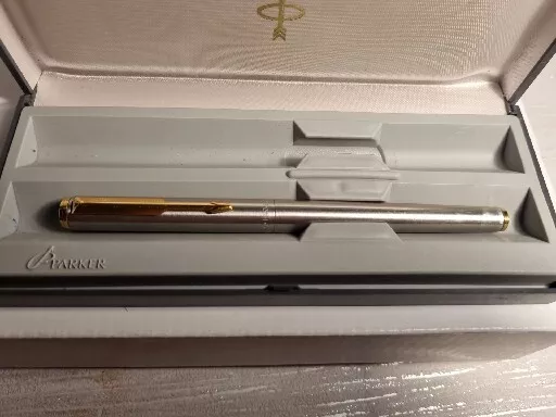 1987 Parker Gold Trim Stainless Steel Medium Arrow Fountain Pen France (No Box