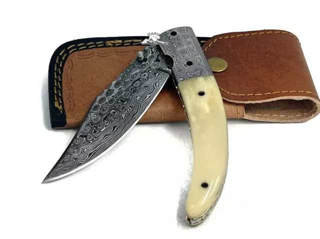 Coltello Artigianale Pieghevole In Acciaio Damasco Da Caccia Collezione Osso