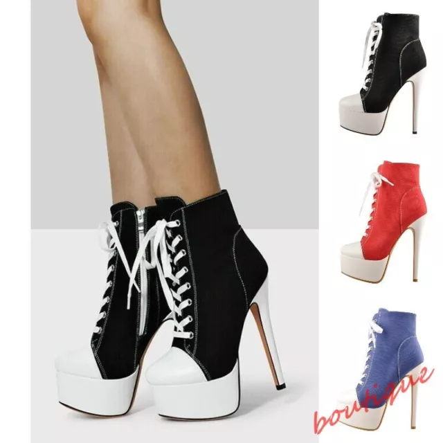 Lady Canvas Sneaker High Heel Lace Up Patchwork Platform Party Ankle Boots Shoes
