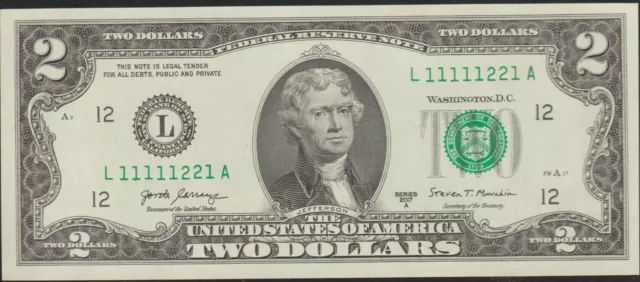 $2 Binary  Note  L 1 1 1 1 1 2 2 1   A  $2 Two Dollar BINARY Bill  Six 1's  UNC