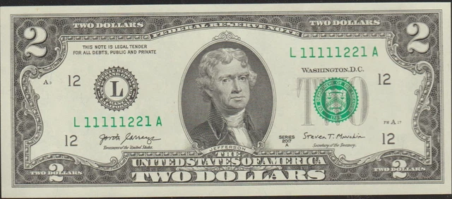 $2 Binary  Note  L 1 1 1 1 1 2 2 1   A  $2 Two Dollar BINARY Bill  Six 1's  UNC