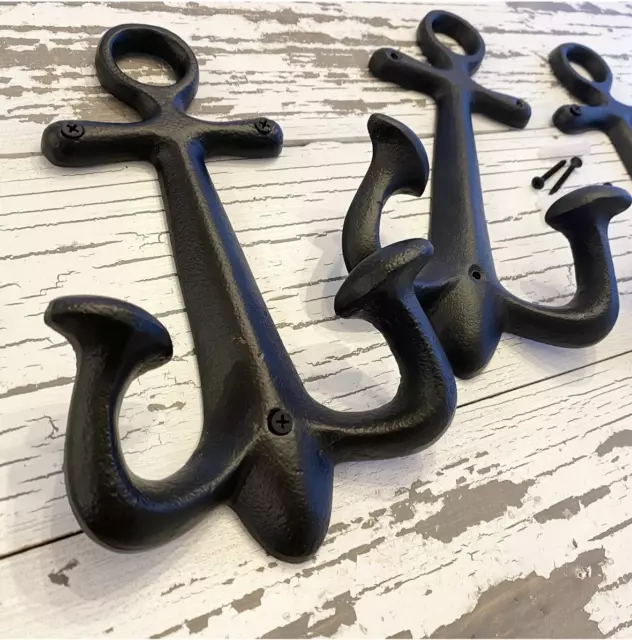 Set of two (2) XL Huge 9.25" rustic cast iron look nautical  anchor coat hook
