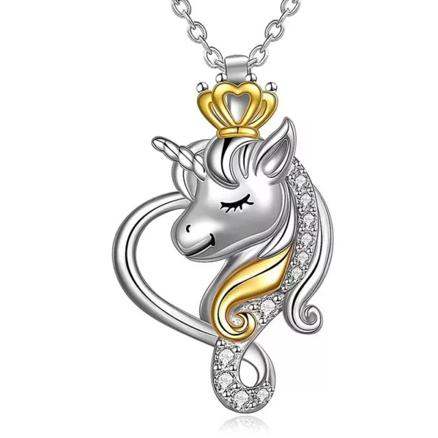 Silver Unicorn Princess Crown Necklace, Gold Crystal Pendant Chain, Girls Gift