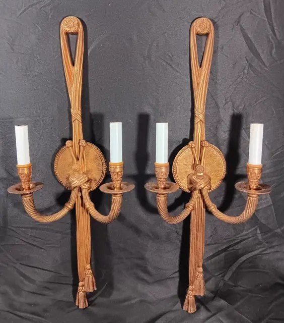 Set of French Louis XVI Style Bronze Sconces with Ribbon Tassels 24" tall