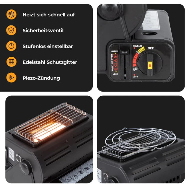 2in1 Tragbare Gasheizung Camping Butan Gas Kocher Keramik +6 Gaskartuschen 1,3KW 3