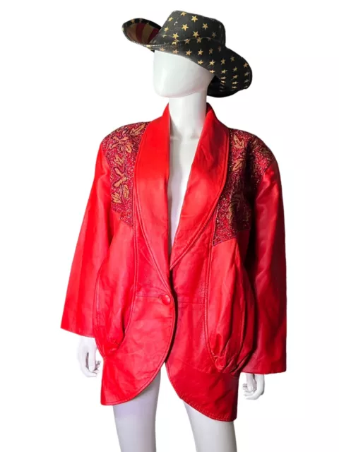 vtg 80s Glam Beaded Red Lambs Leather Jacket Women’s Punk Rockabilly womens  M/L